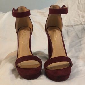 Wine faux suede platform block heel.